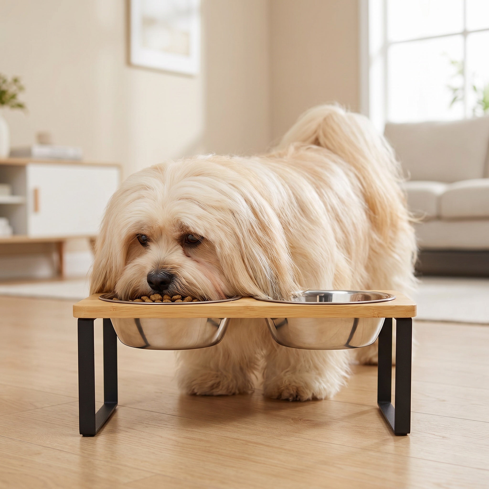 Gamelle surélevée en bois et acier pour chien