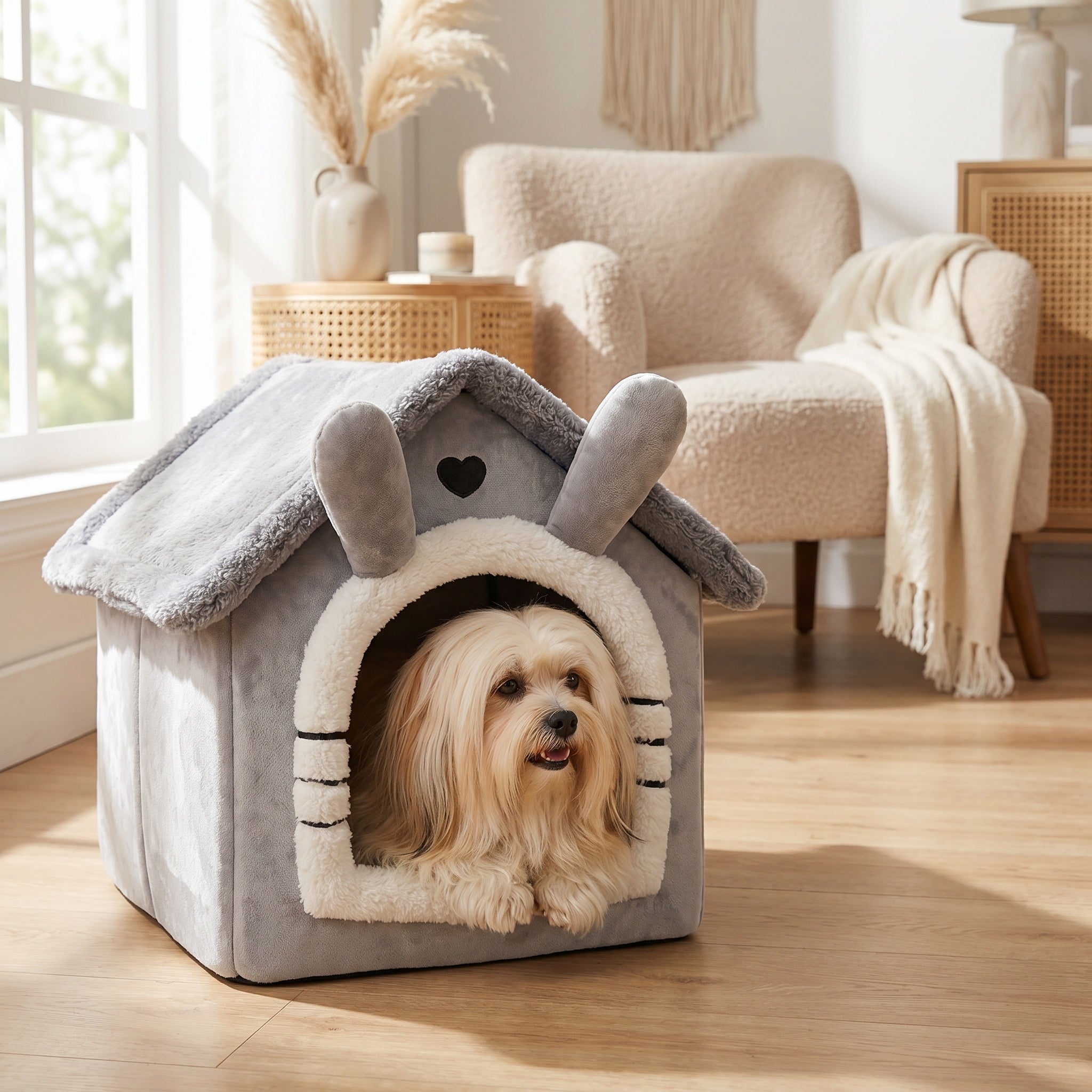 Niche pour chien en peluche grise