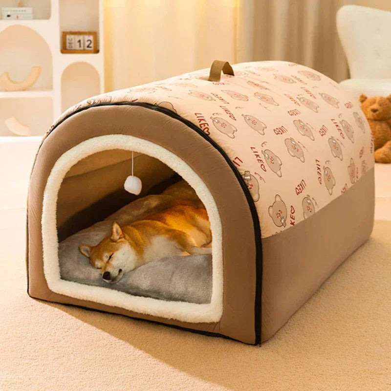 Tente pour chien en peluche avec pompon