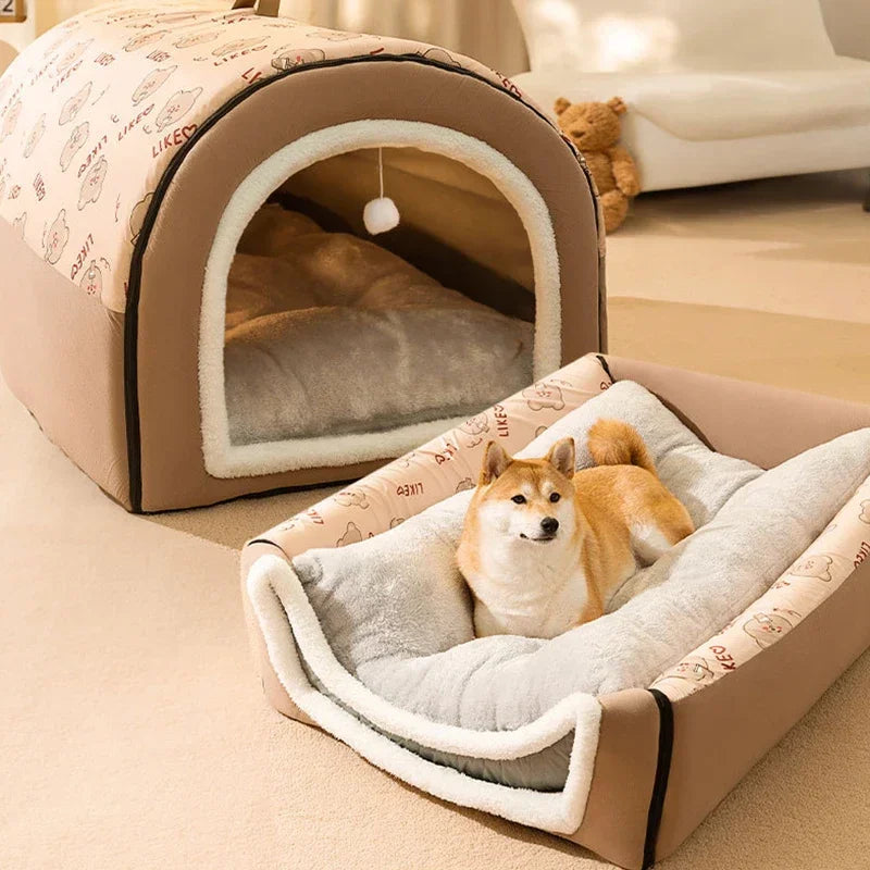 Tente pour chien en peluche avec pompon