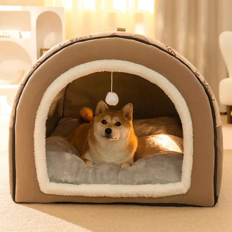 Tente pour chien en peluche avec pompon