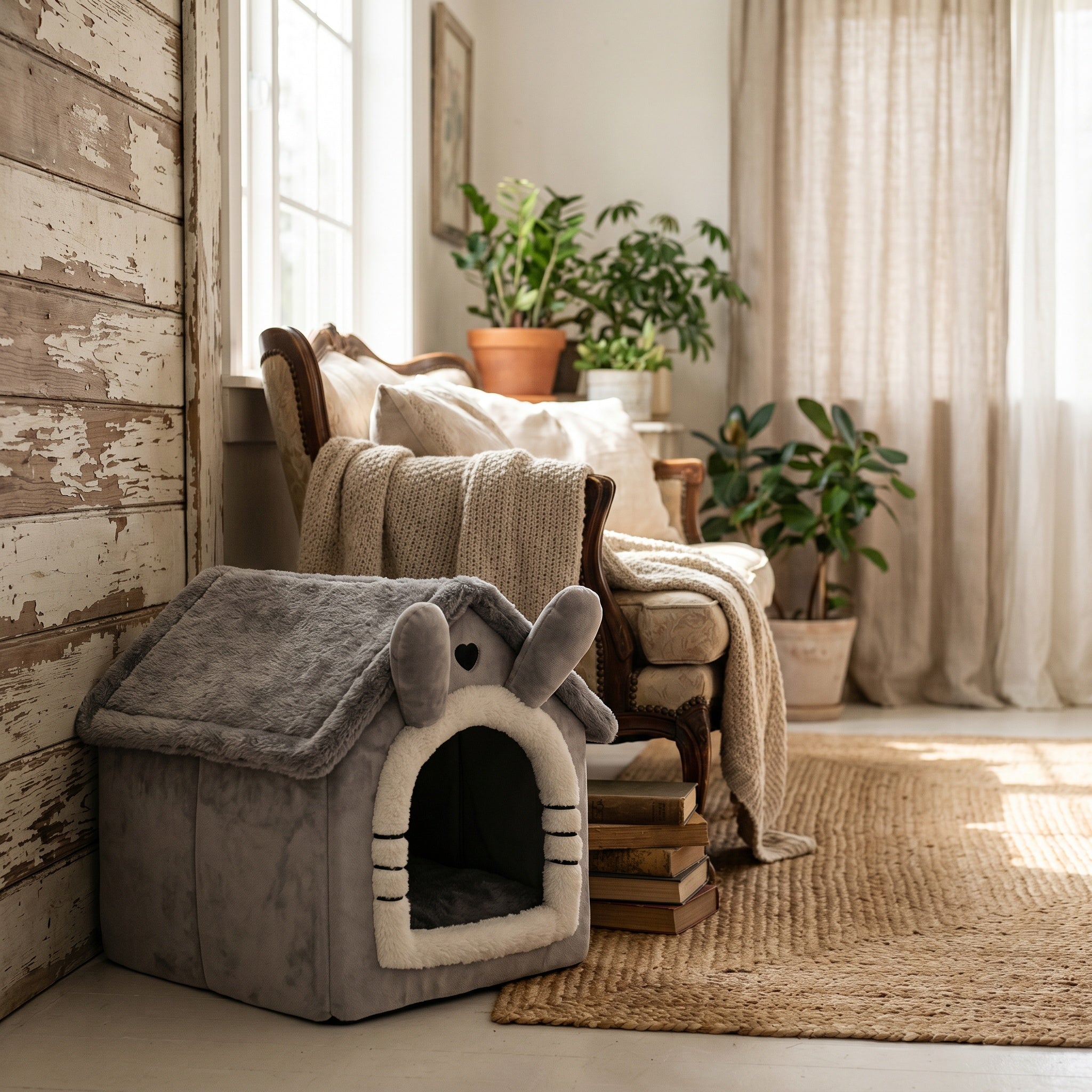 Niche pour chien en peluche grise