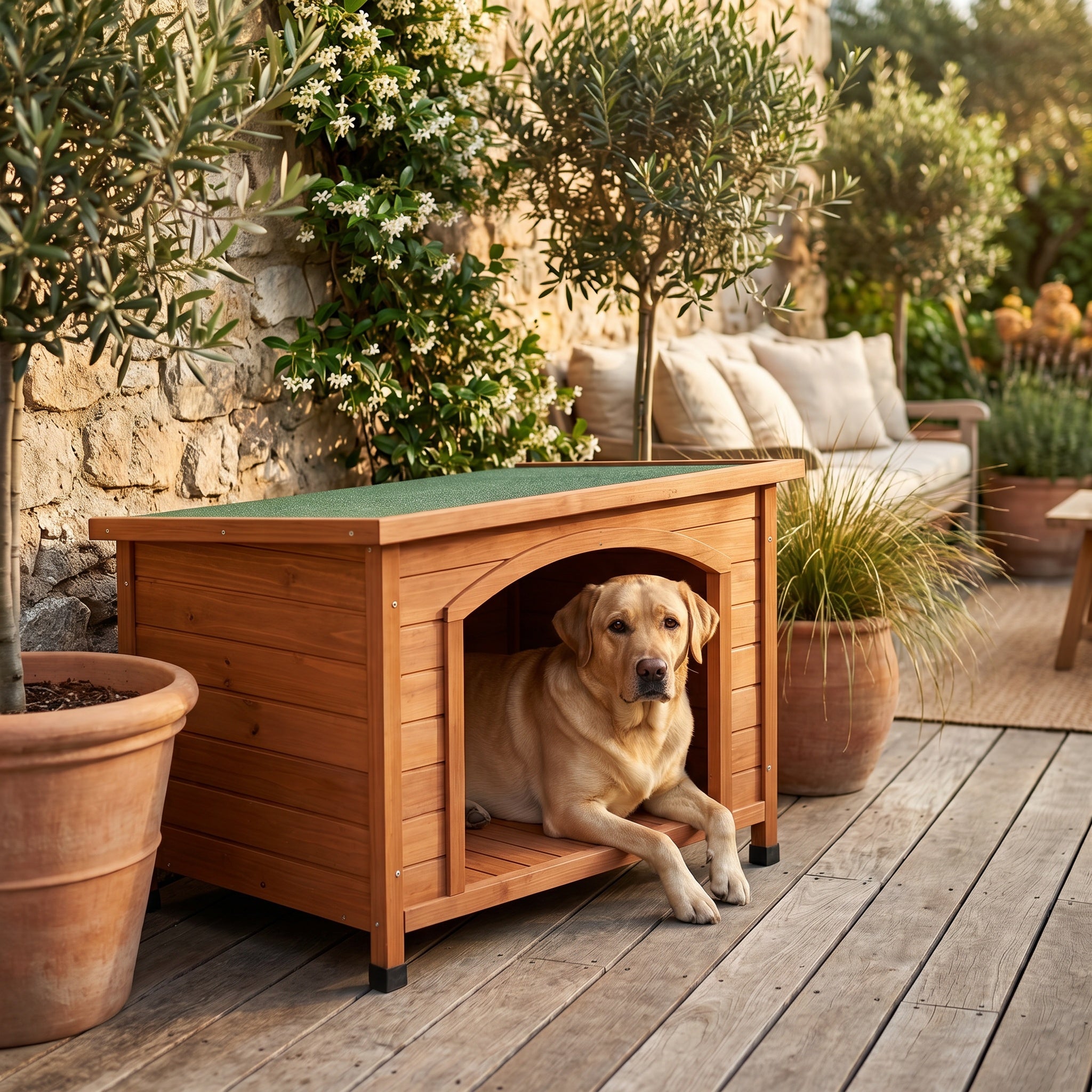 Niche pour chien en bois avec toit vert