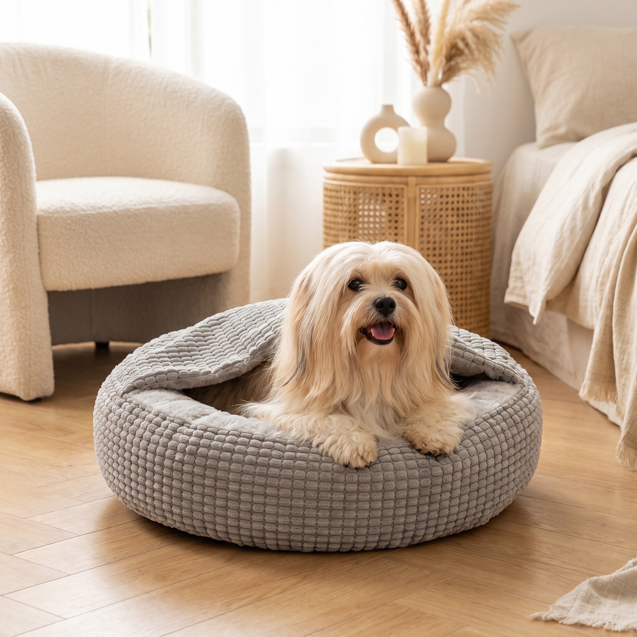 Panier rond et couverture pour chien en tissu doux